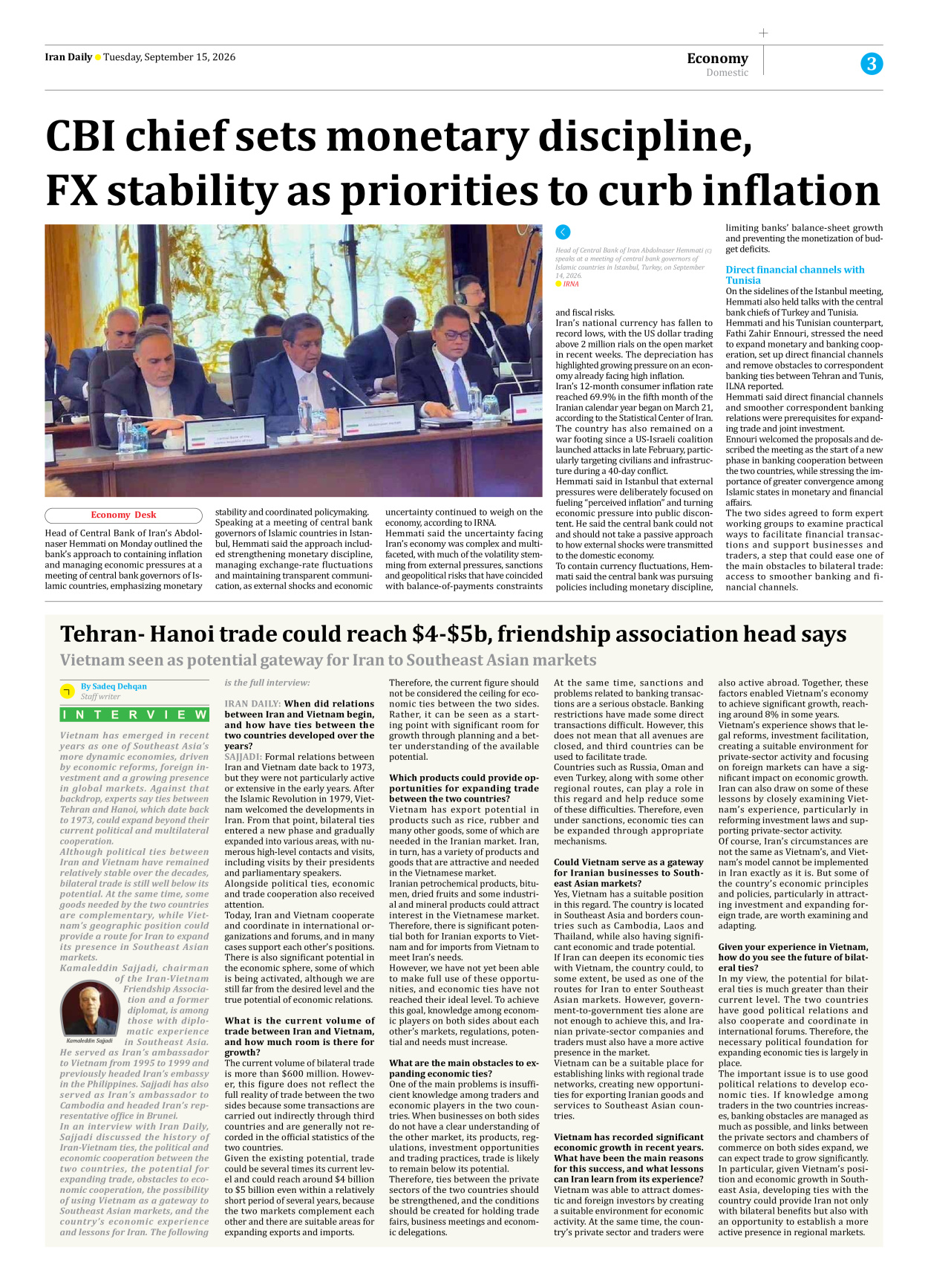 Iran Daily - Number Eight Thousand Two Hundred and Thirteen - 15 September 2026 - Page 3