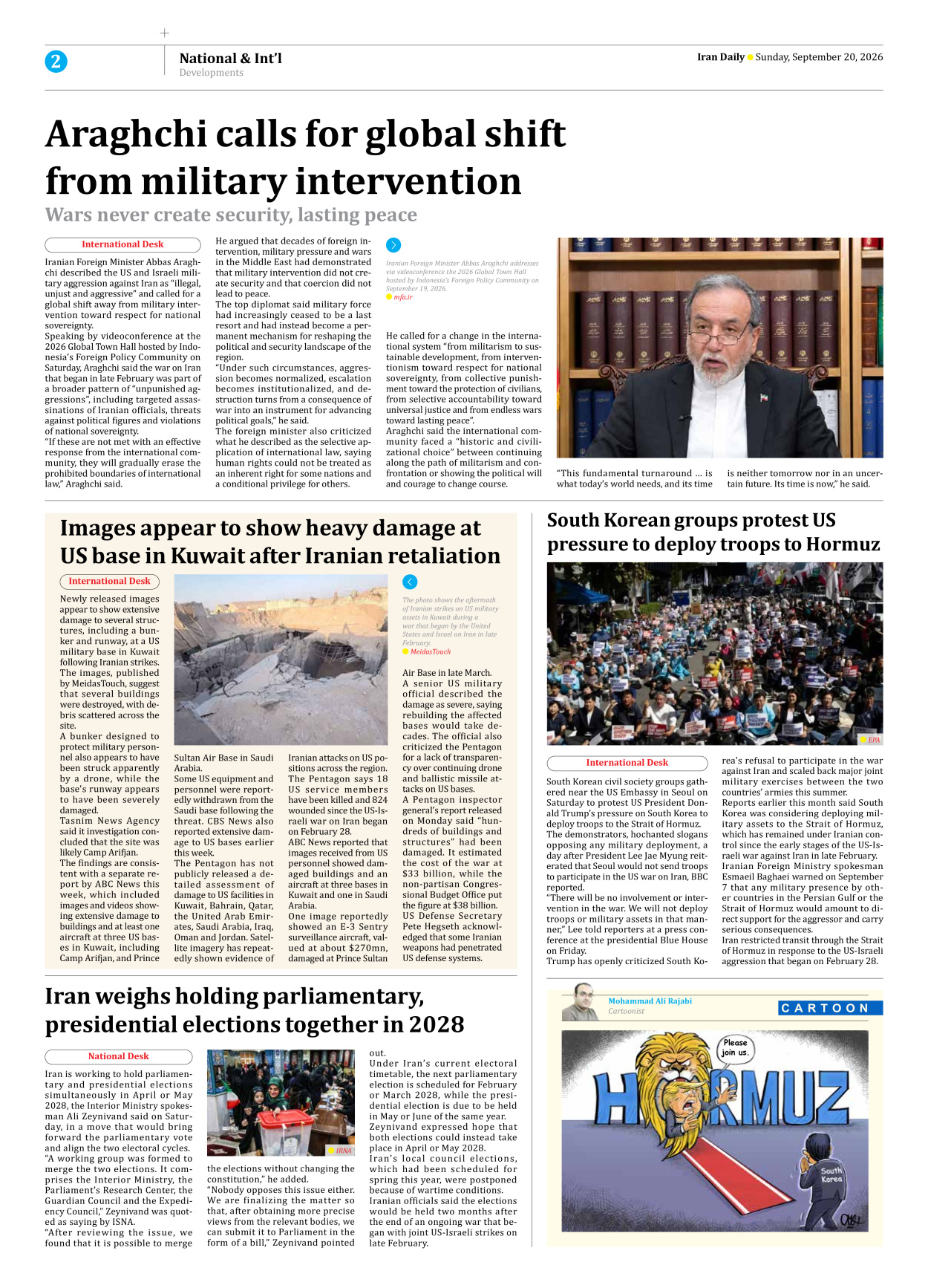 Iran Daily - Number Eight Thousand Two Hundred and Seventeen - 20 September 2026 - Page 2