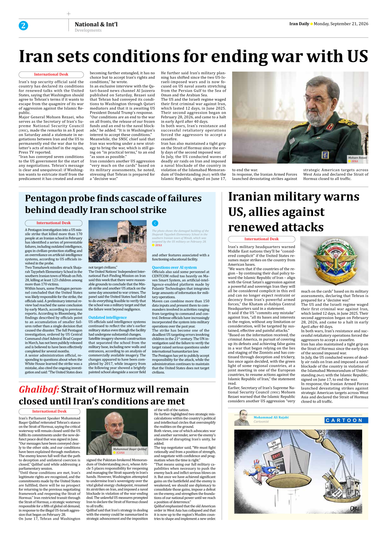 Iran Daily - Number Eight Thousand Two Hundred and Eighteen - 21 September 2026 - Page 2