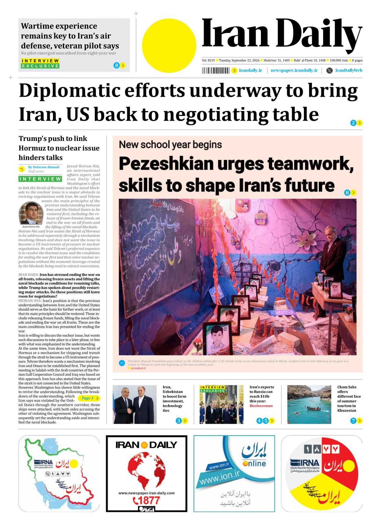 Iran Daily - Number Eight Thousand Two Hundred and Nineteen - 22 September 2026