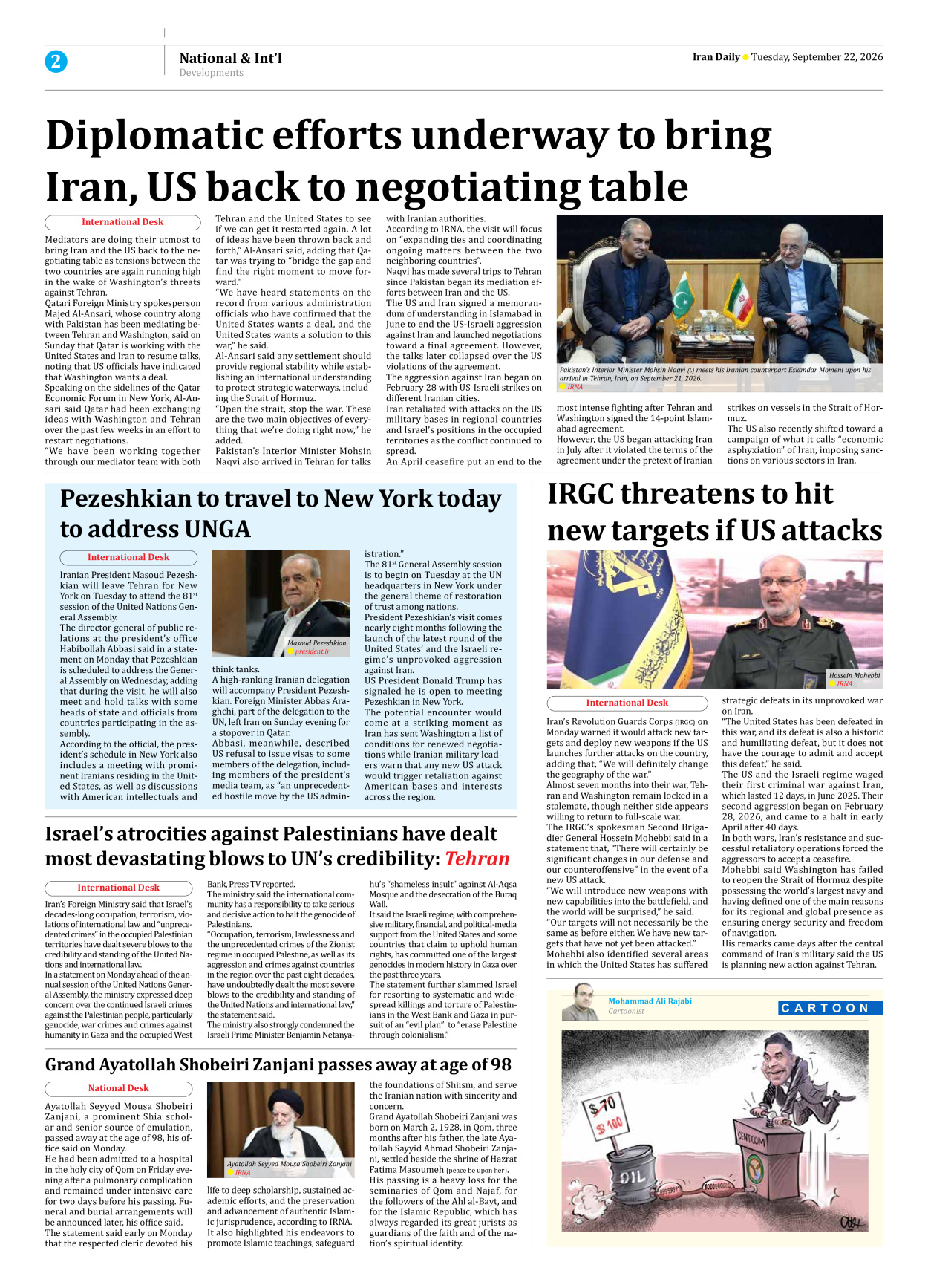 Iran Daily - Number Eight Thousand Two Hundred and Nineteen - 22 September 2026 - Page 2