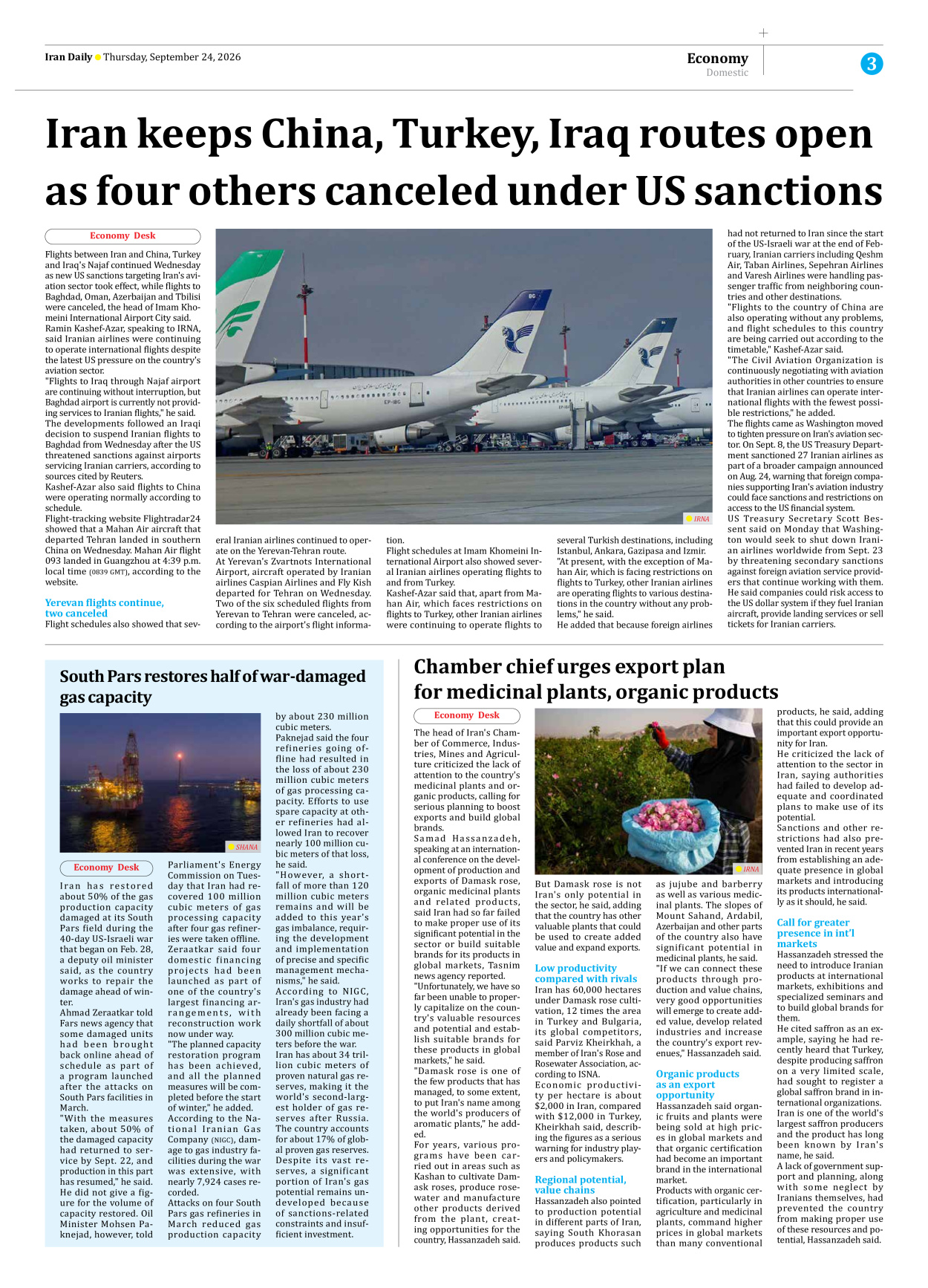 Iran Daily - Number Eight Thousand Two Hundred and Twenty One - 24 September 2026 - Page 3