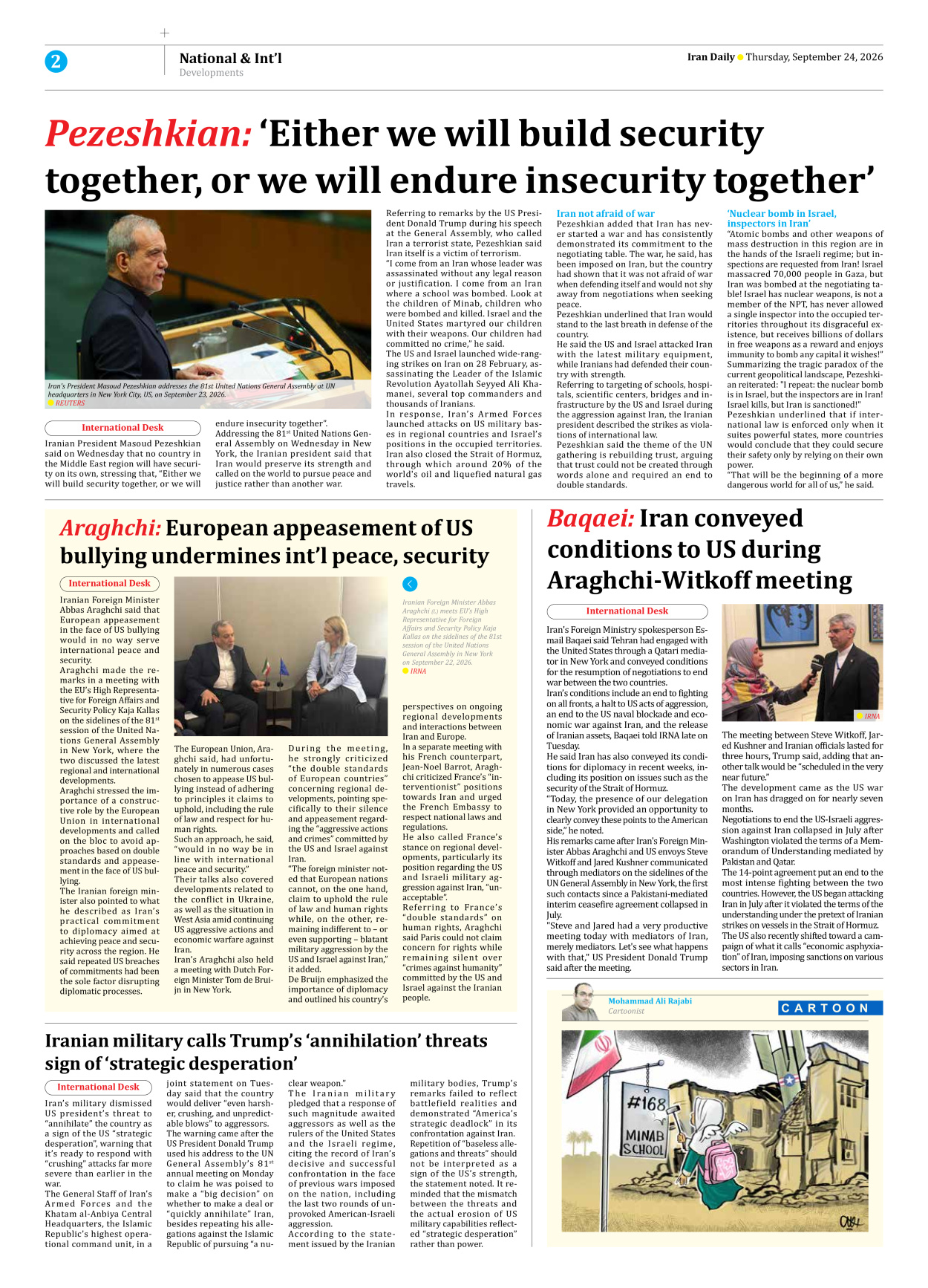 Iran Daily - Number Eight Thousand Two Hundred and Twenty One - 24 September 2026 - Page 2