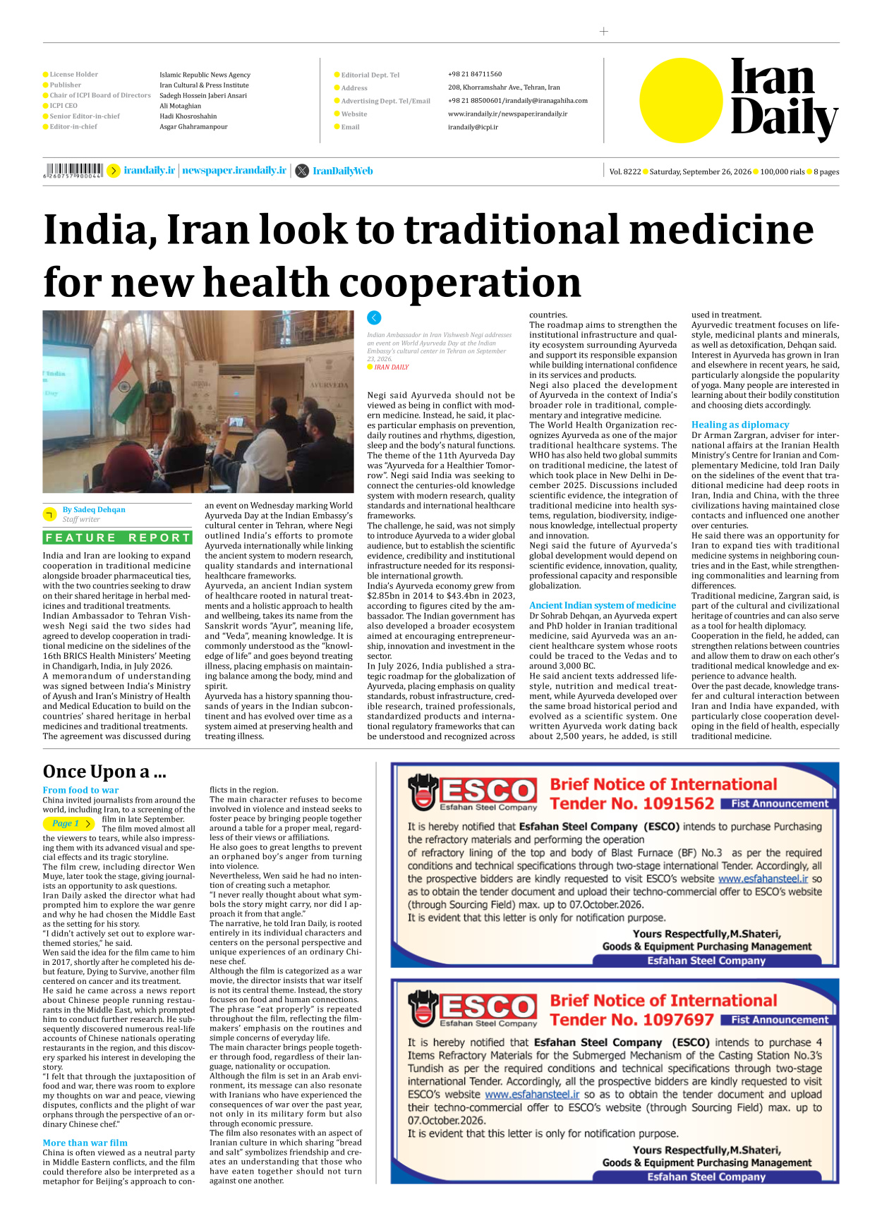 Iran Daily - Number Eight Thousand Two Hundred and Twenty Two - 26 September 2026 - Page 8