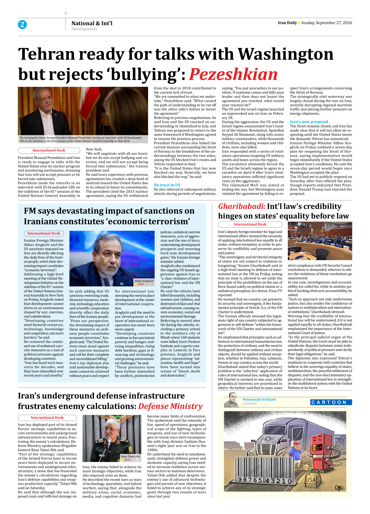 Iran Daily - Number Eight Thousand Two Hundred and Twenty Three - 27 September 2026 - Page 2