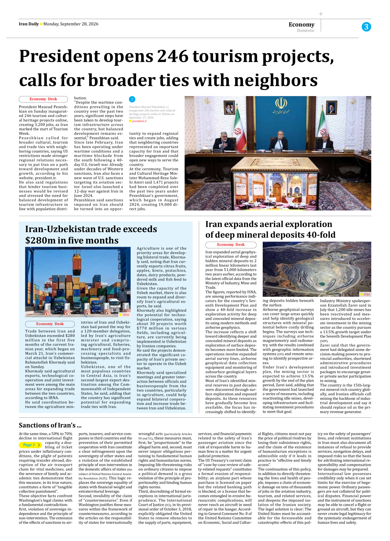 Iran Daily - Number Eight Thousand Two Hundred and Twenty Four - 28 September 2026 - Page 3