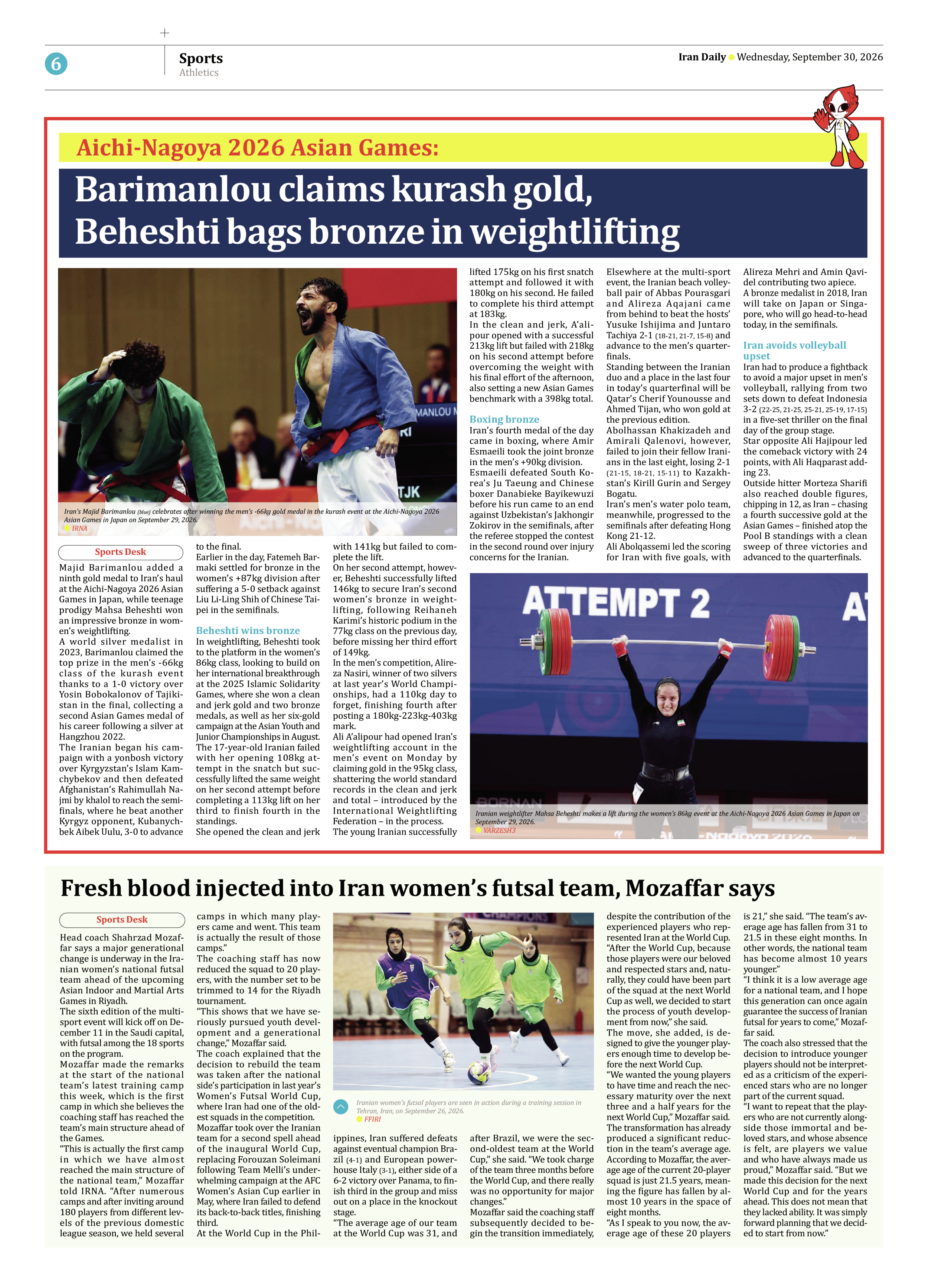 Iran Daily - Number Eight Thousand Two Hundred and Twenty Six - 30 September 2026 - Page 6