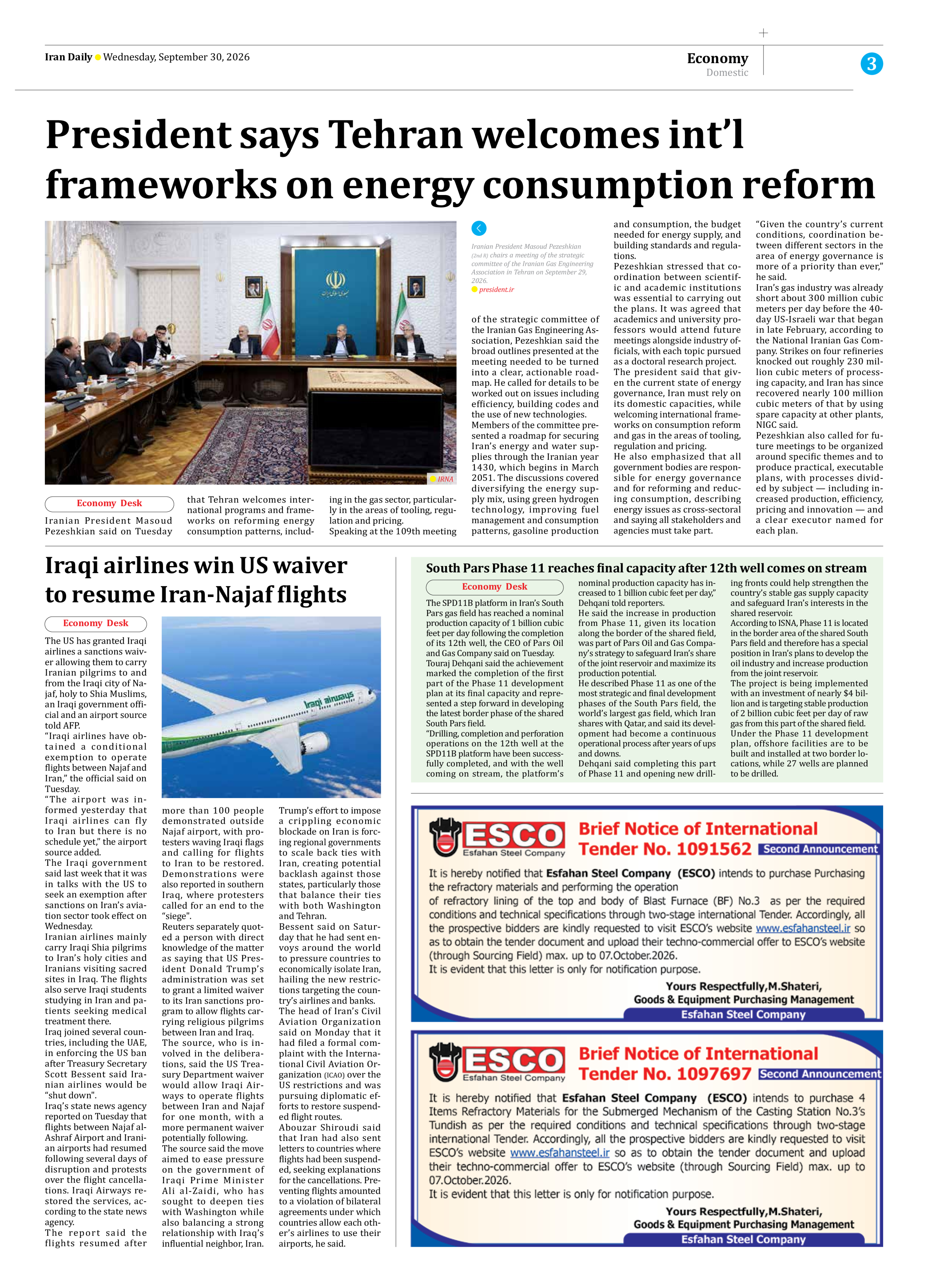 Iran Daily - Number Eight Thousand Two Hundred and Twenty Six - 30 September 2026 - Page 3