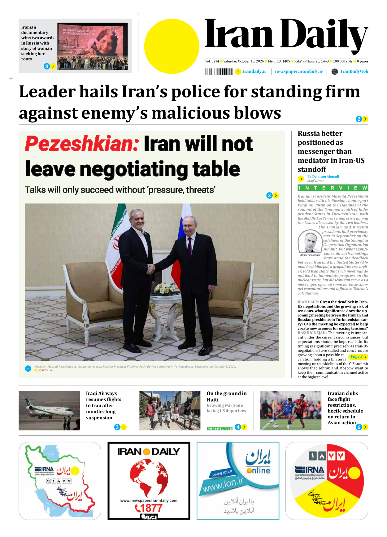 Iran Daily - Number Eight Thousand Two Hundred and Thirty Four - 10 October 2026