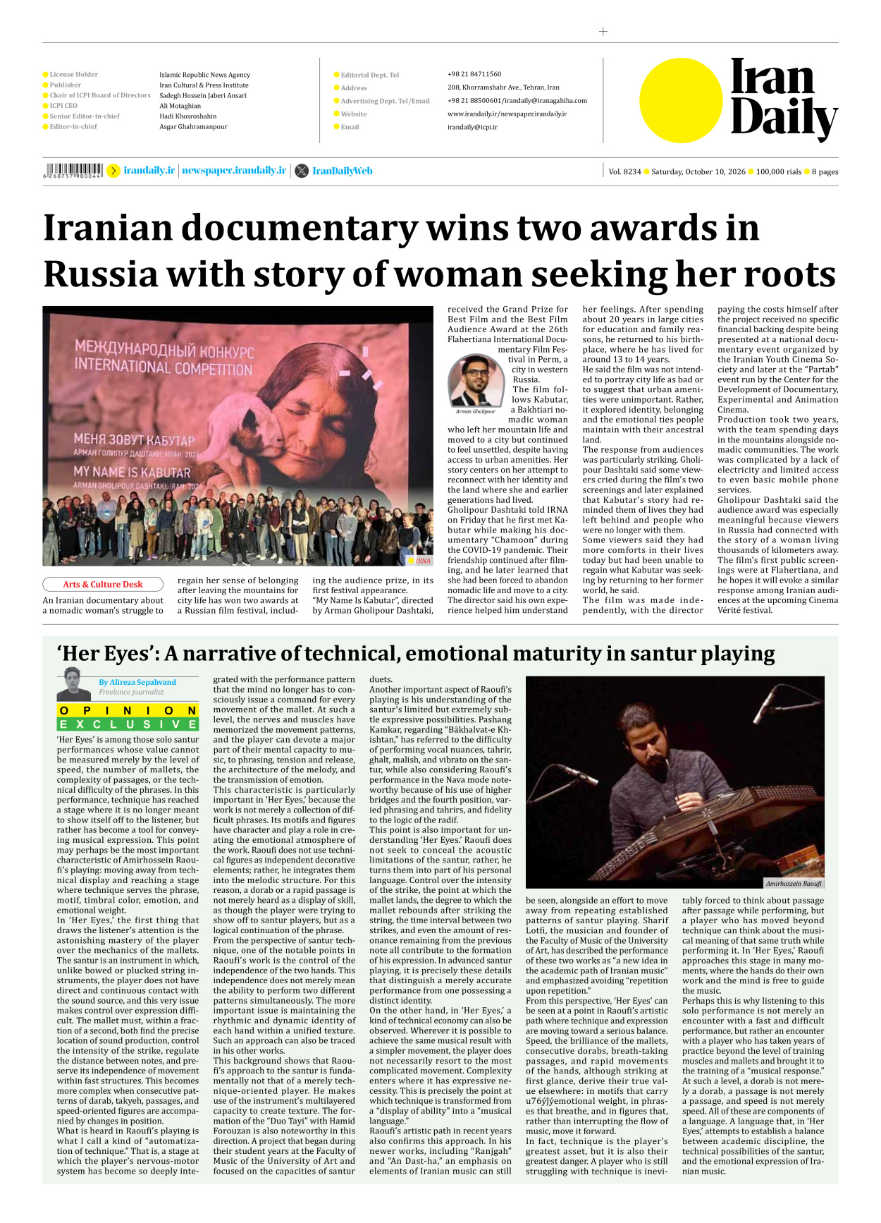 Iran Daily - Number Eight Thousand Two Hundred and Thirty Four - 10 October 2026 - Page 8
