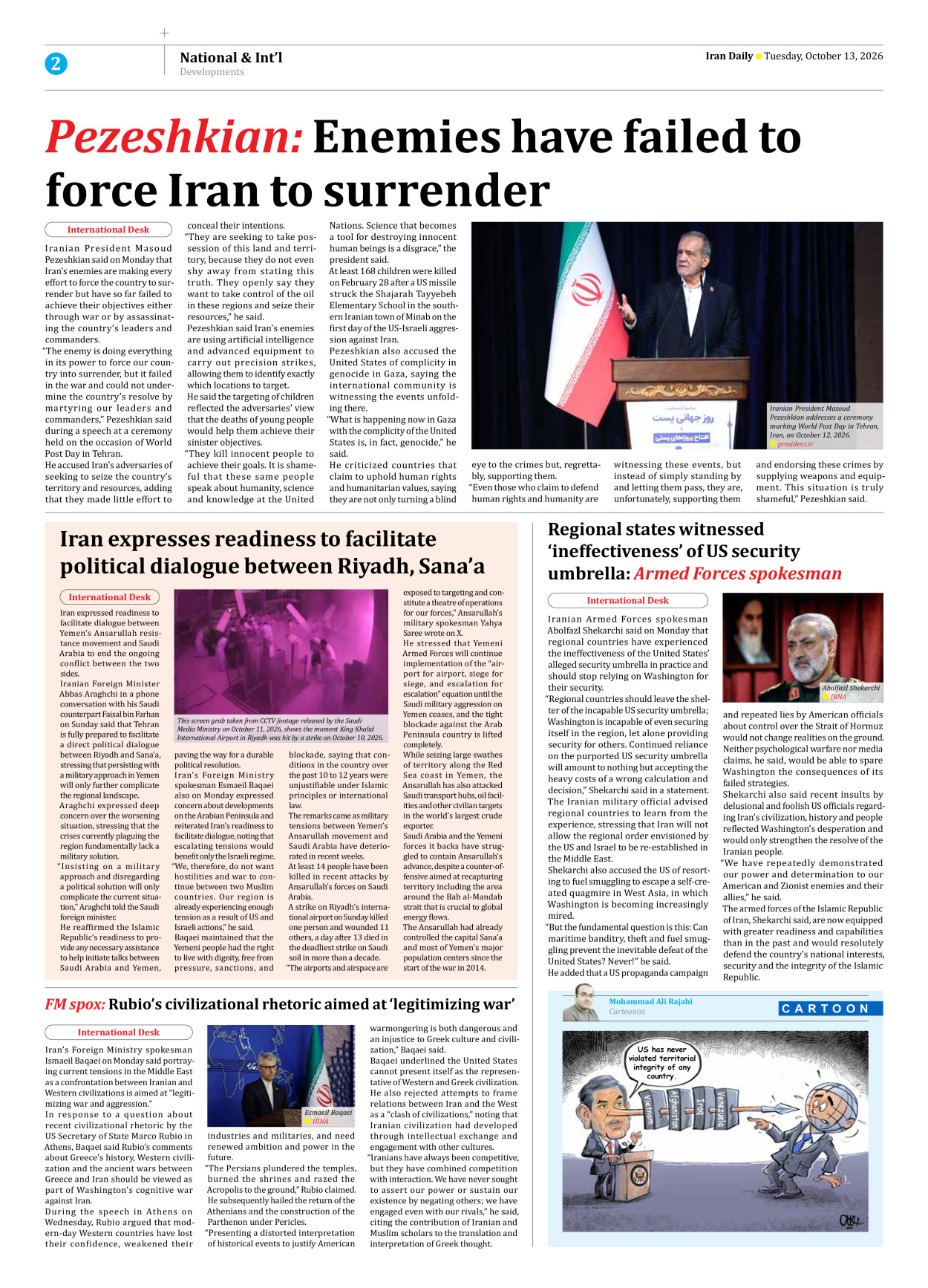 Iran Daily - Number Eight Thousand Two Hundred and Thirty Seven - 13 October 2026 - Page 2
