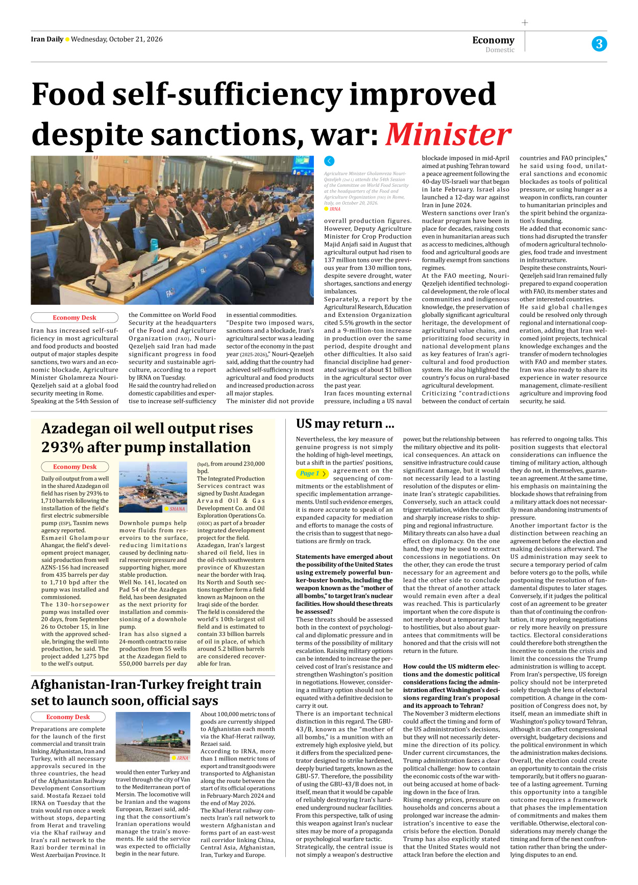 Iran Daily - Number Eight Thousand Two Hundred and Forty Four - 21 October 2026 - Page 3
