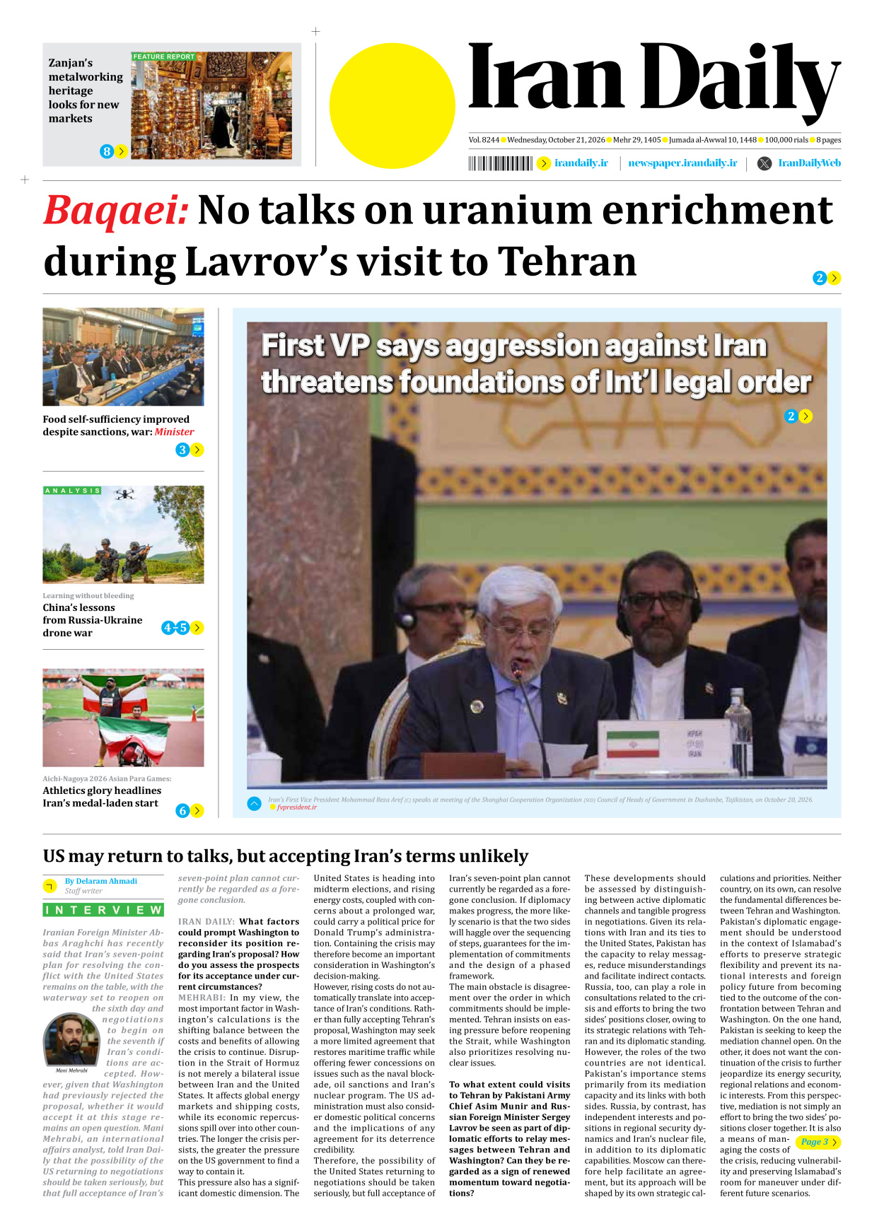Iran Daily - Number Eight Thousand Two Hundred and Forty Four - 21 October 2026