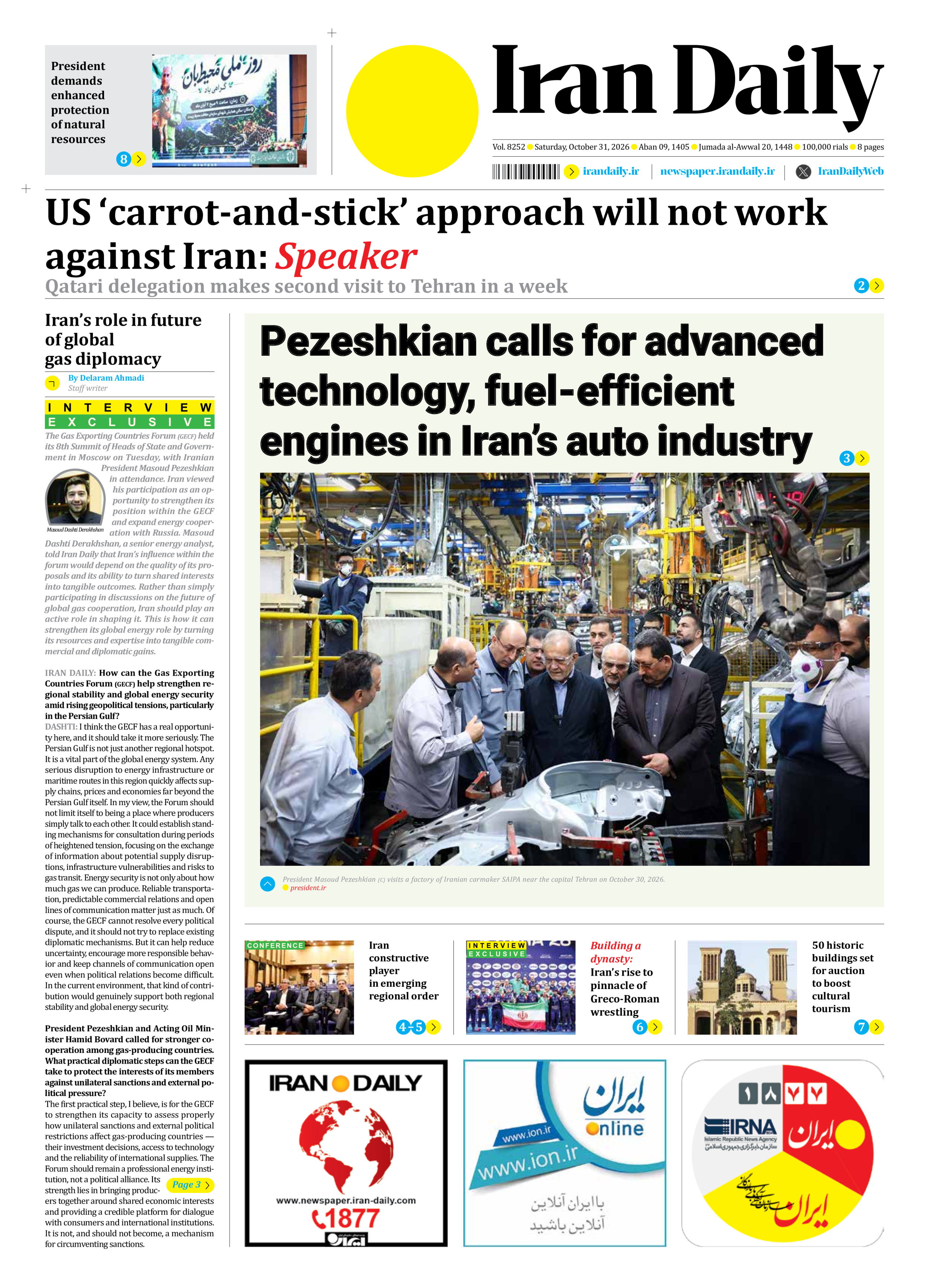 Iran Daily - Number Eight Thousand Two Hundred and Fifty Two - 31 October 2026 - Page 1