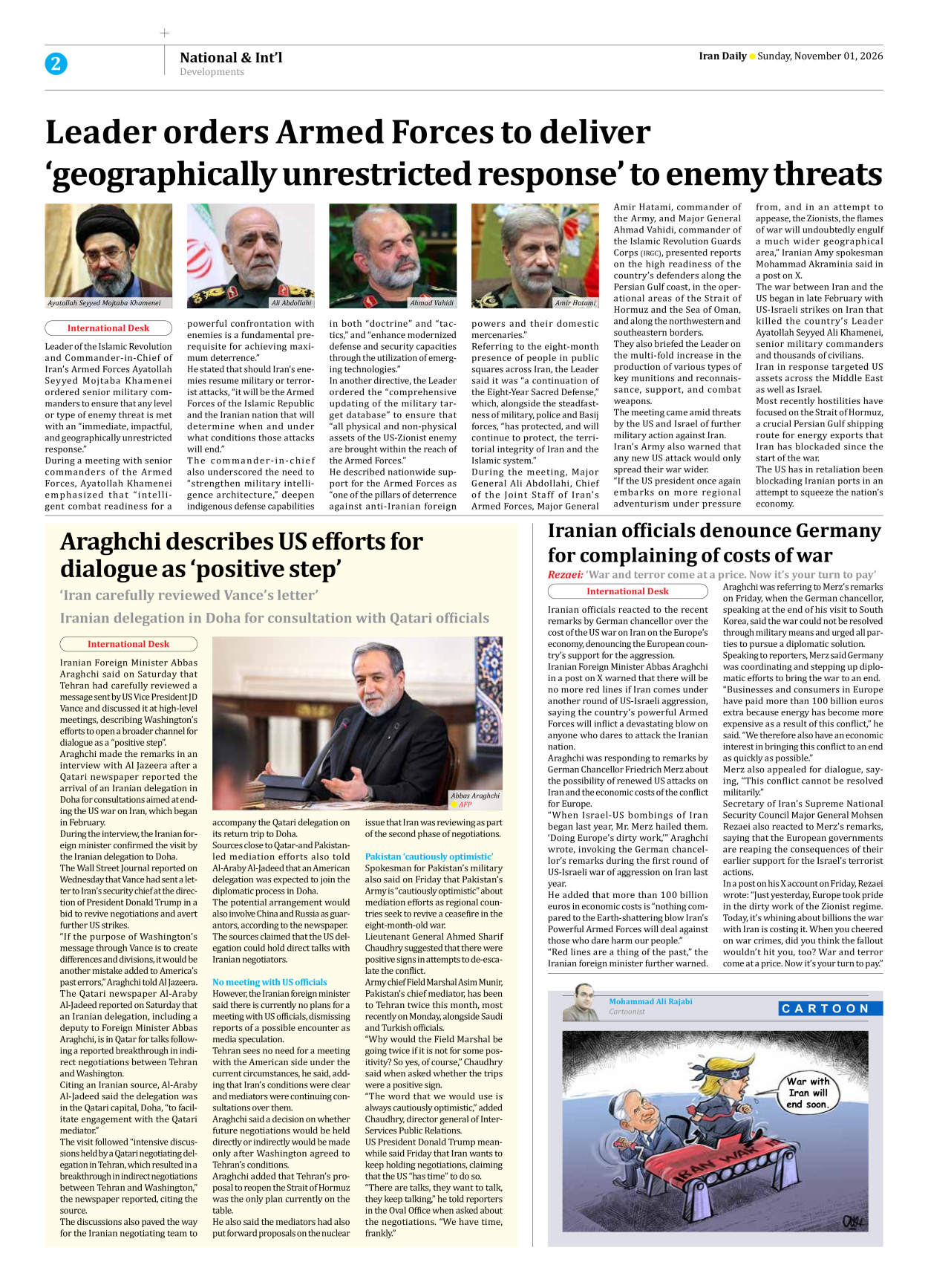 Iran Daily - Number Eight Thousand Two Hundred and Fifty Three - 01 November 2026 - Page 2